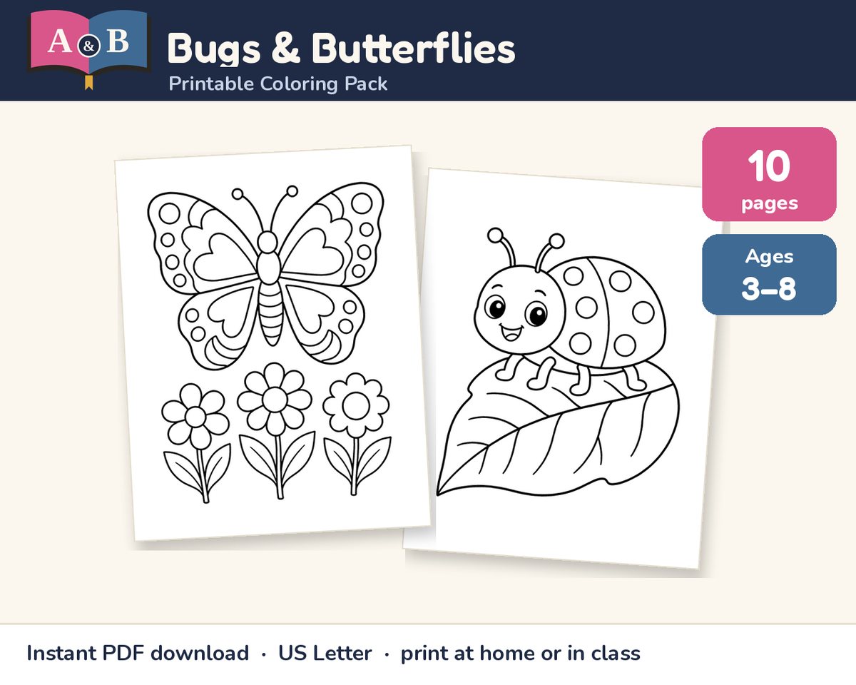 Bugs & Butterflies Printable Coloring Pack preview: 10 pages, ages 3–8, showing two sample pages: a butterfly over three flowers, and a smiling ladybug on a leaf