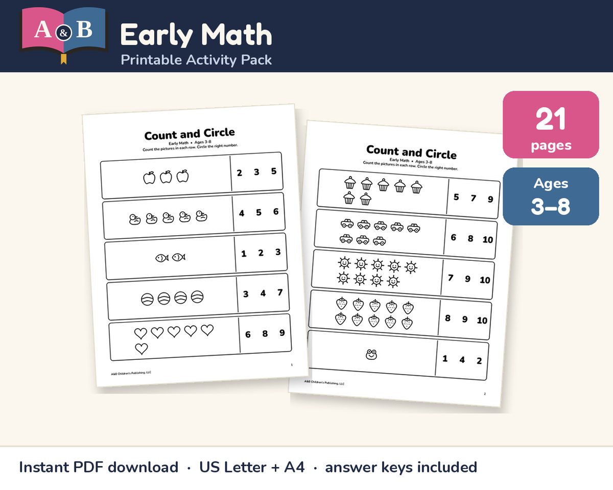 Early Math Activity Pack preview: 21 pages, ages 3–8, showing two 'Count and Circle' counting pages