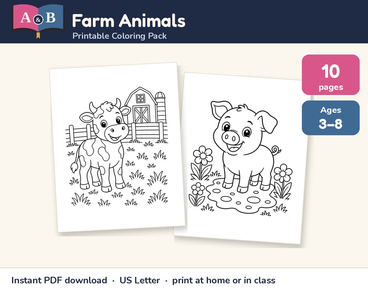 Farm Animals Printable Coloring Pack preview: 10 pages, ages 3–8, showing two sample pages: a cow in front of a barn, and a smiling pig in a muddy field