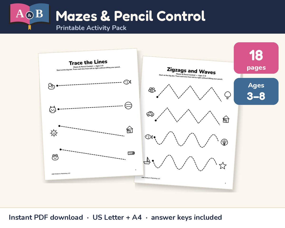 Mazes & Pencil Control Activity Pack preview: 18 pages, ages 3–8, showing 'Trace the Lines' and 'Zigzags and Waves' pencil-control pages