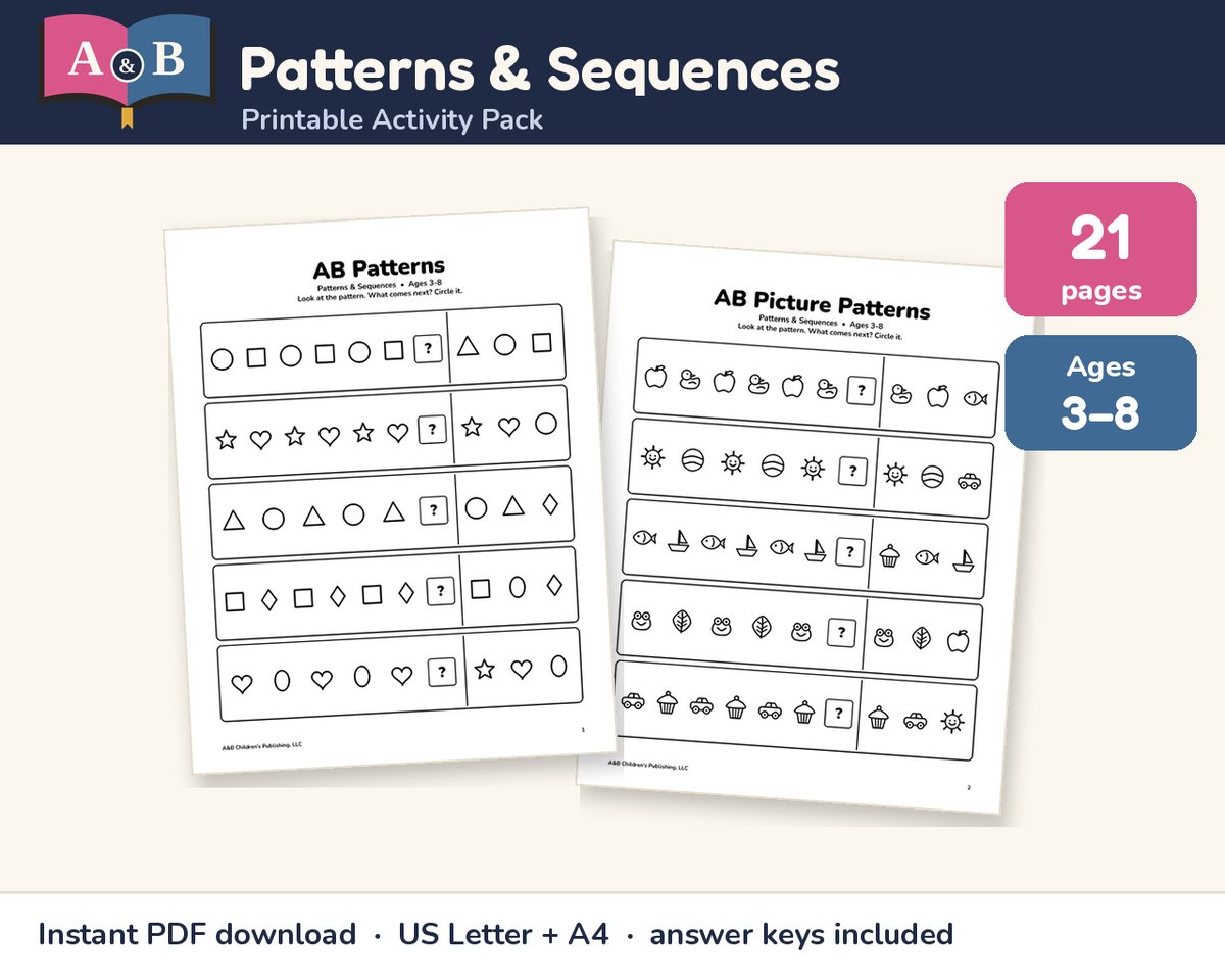 Patterns & Sequences Activity Pack preview: 21 pages, ages 3–8, showing 'AB Patterns' and 'AB Picture Patterns' pages
