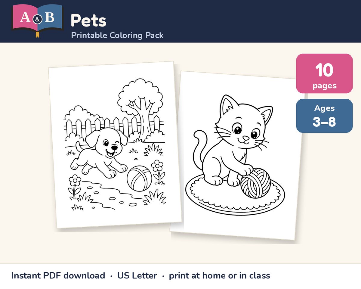 Pets Printable Coloring Pack preview: 10 pages, ages 3–8, showing two sample pages: a puppy playing with a ball in a fenced yard, and a kitten with a ball of yarn on a rug
