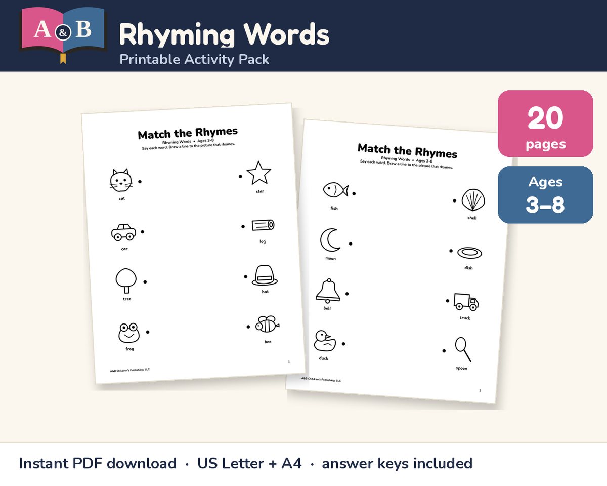 Rhyming Words Activity Pack preview: 20 pages, ages 3–8, showing two 'Match the Rhymes' pages with pictures to connect