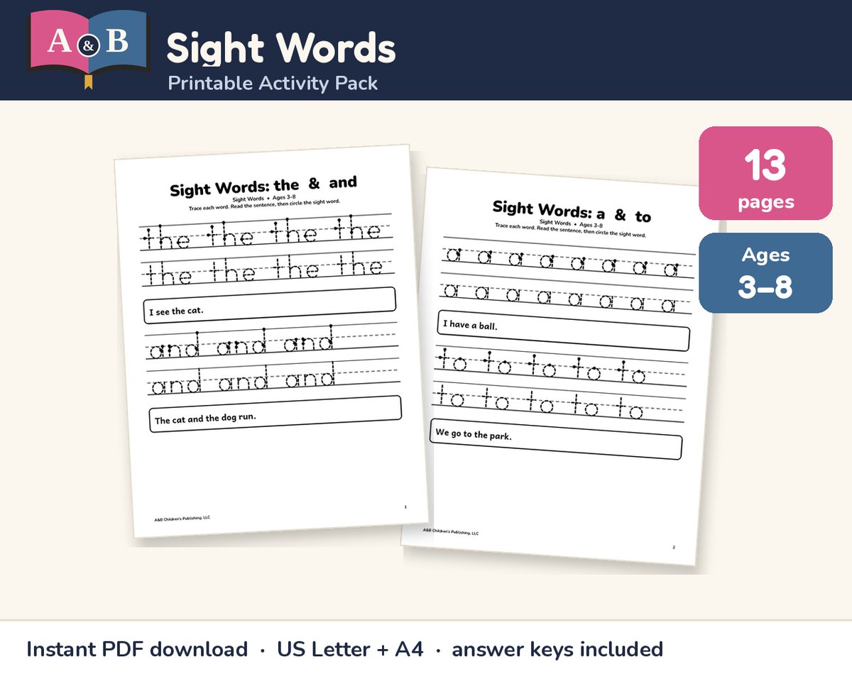 Sight Words Activity Pack preview: 13 pages, ages 3–8, showing sight-word tracing pages for 'the', 'and', 'a' and 'to'