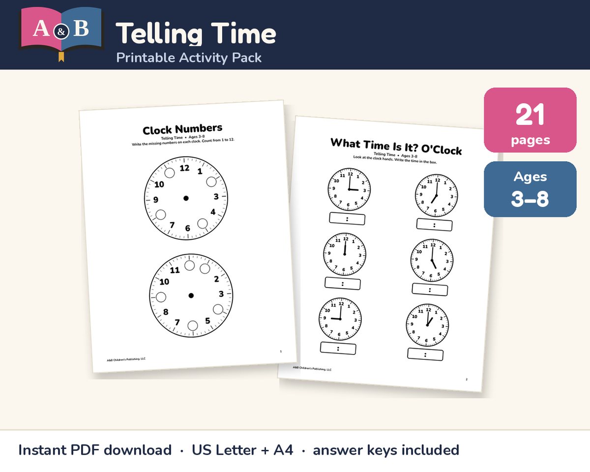 Telling Time Activity Pack preview: 21 pages, ages 3–8, showing 'Clock Numbers' and 'What Time Is It? O'Clock' pages with clock faces
