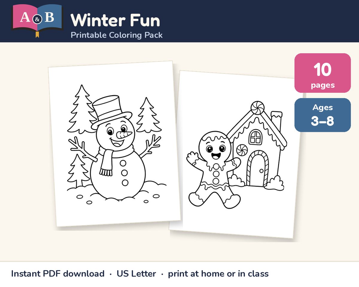 Winter Fun Printable Coloring Pack preview: 10 pages, ages 3–8, showing two sample pages: a snowman with a scarf and top hat beside pine trees, and a gingerbread house with a gingerbread person
